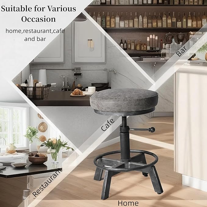 Vintage Short Bar Stools Swivel PU Seat 15-21inch Height Adjustable Extra Guest - Image 5