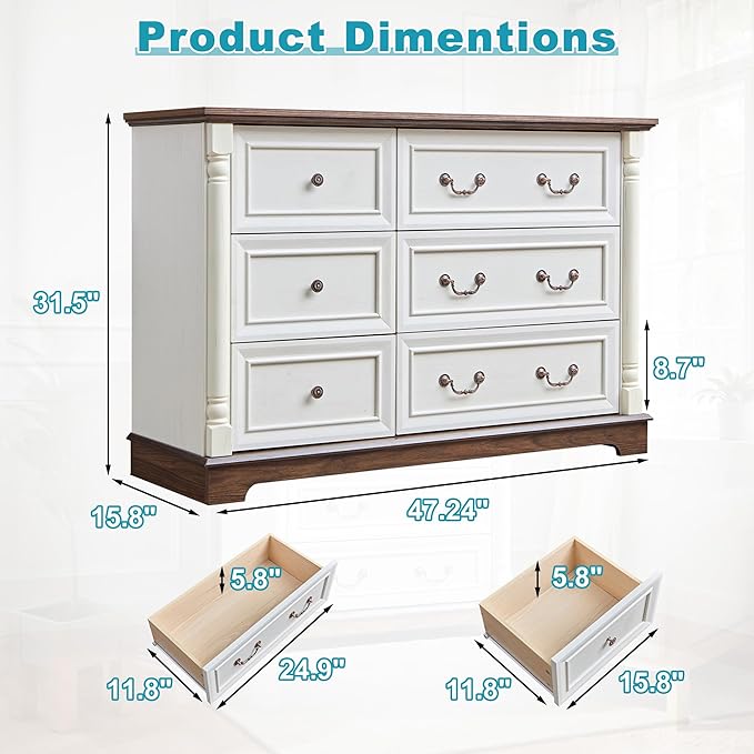 Farmhouse 6 Drawers Dresser for Bedroom, 47.24" Wide Wood Rustic Chest of - Image 2