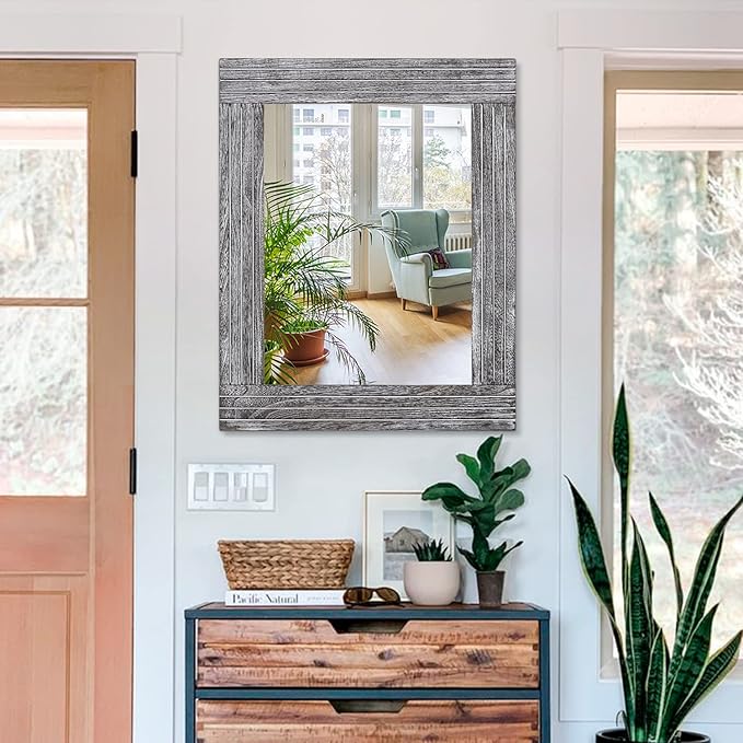 Large Wall Mirror Farmhouse Vintage Rustic Wood Framed Rectangular Mirror - Image 3