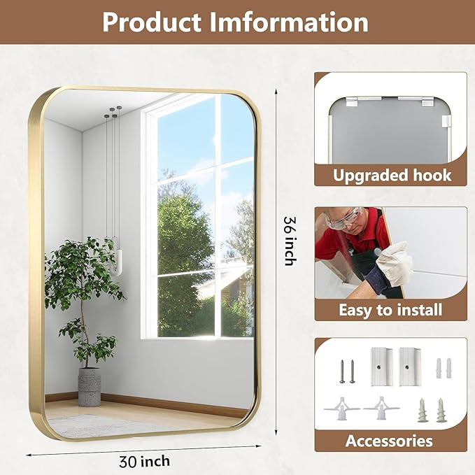 30x36 Inch Gold Bathroom Mirror, Brushed Gold Metal Framed Rectangular Mirror - Image 5