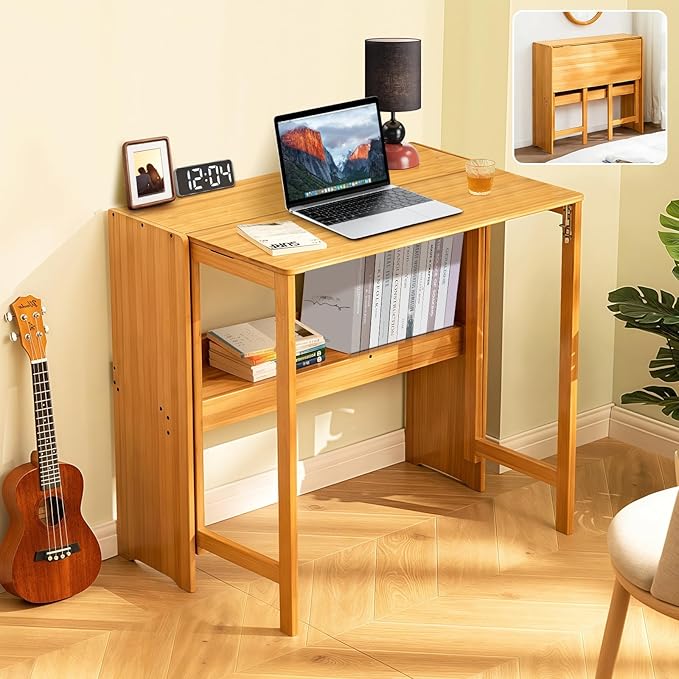 31.5" Bamboo Folding Desk, Space-Saving Computer Desk by Usofhaus