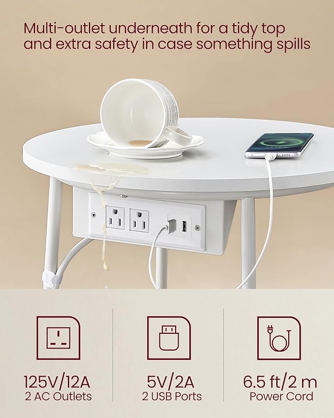 VASAGLE Side Table with Charging Station, Round End Table with Fabric Basket - Image 5