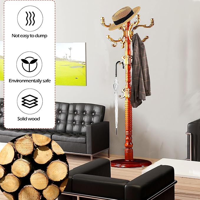 Coat Racks Free Standing with 14 Hooks, Natural Wood Coat Stands - Image 2