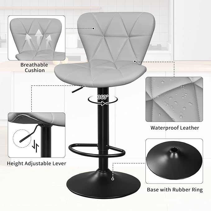 Bar Stools Set of 2, Adjustable Swivel Bar Chairs - Image 7