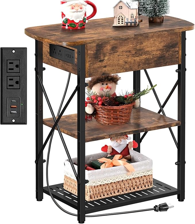 Narrow End Table with Charging Station, Side Table with 3 USB Ports and 2 AC by Livofloral