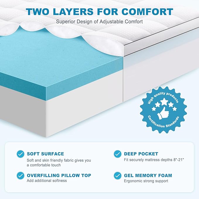 MASVIS Twin Size Dual Layer 4 Inch Memory Foam Mattress Topper, 2 Inch Gel - Image 2