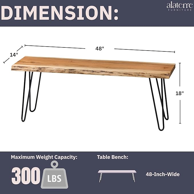 Alaterre Furniture 48” Live Edge Dining Bench – Rustic Industrial Farmhouse - Image 3