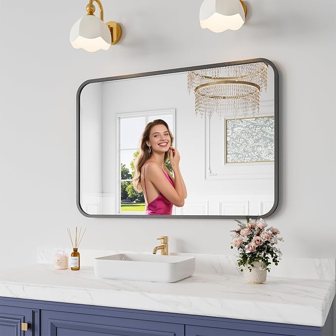 Bathroom Mirror, 26X38 Inch Black Metal Framed Mirror by KOONMI
