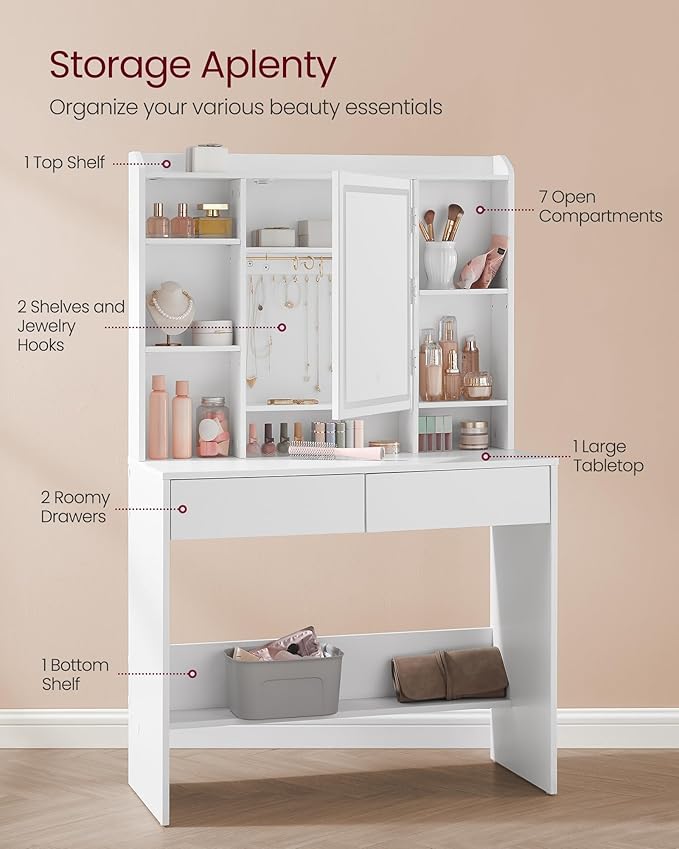 VASAGLE Vanity Desk with Mirror and Lights, Makeup Vanity with Upholstered - Image 4