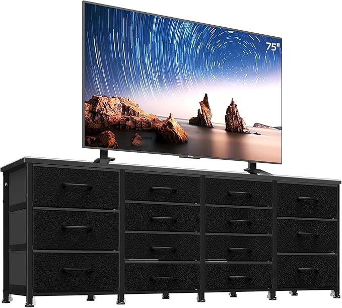 63 Inch TV Stand Dresser for Bedroom, Long Black Dresser by DRAWERHOM