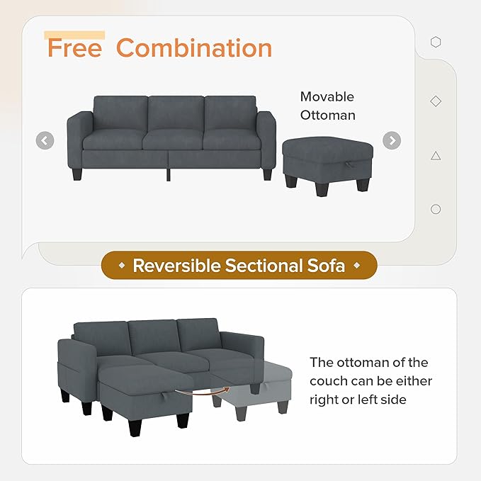 ZeeFu Convertible Sectional Sofa Couch, Classic 3 Seat L-Shaped Sofa - Image 8