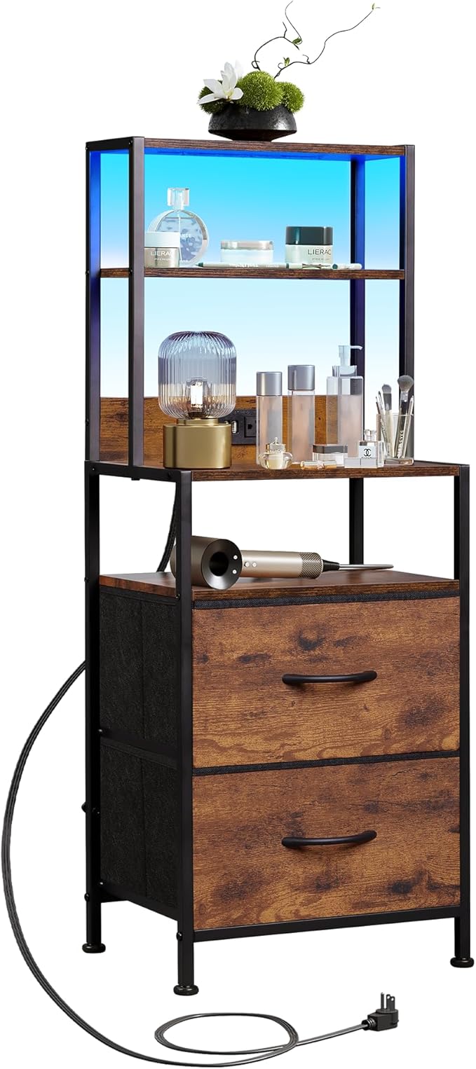 WLIVE Nightstand with Charging Station, LED Night Stand with 2 Drawers and 4 by WLIVE