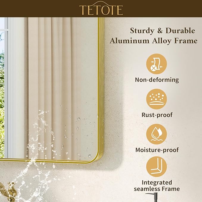 TETOTE Gold Mirror Bathroom 28 x 36 Brushed Gold Metal Framed Vanity Mirror - Image 3