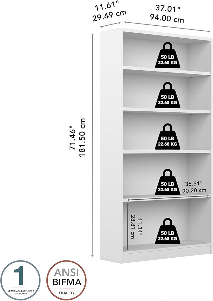 Bush Furniture Universal Tall 5 Shelf Bookcase in White, Vertical Storage and - Image 3