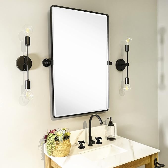 Farmhouse Pivot Rectangle Bathroom Mirror Black Metal Framed Tilting Beveled - Image 6