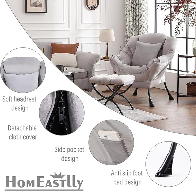 Large Lazy Chair with Ottoman, Accent Reading Chair with a Soft Grey Throw - Image 6