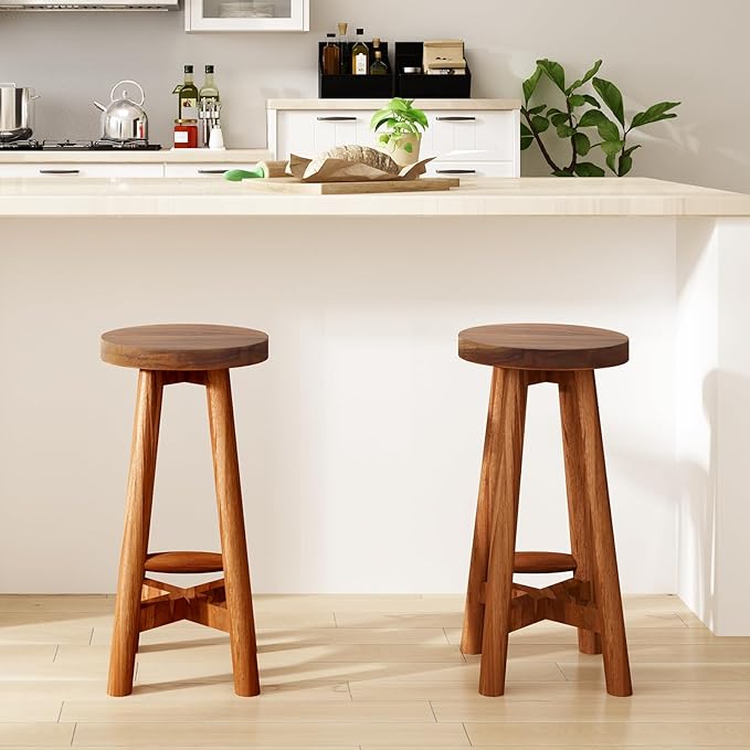 Solid Teak Wood Barstool with Round Seat - Image 4