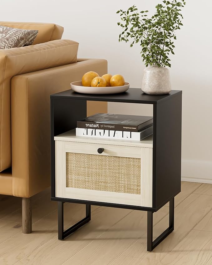 Rattan Nightstand, Boho Night Stand Farmhouse Wood Bedside Table by Unknown