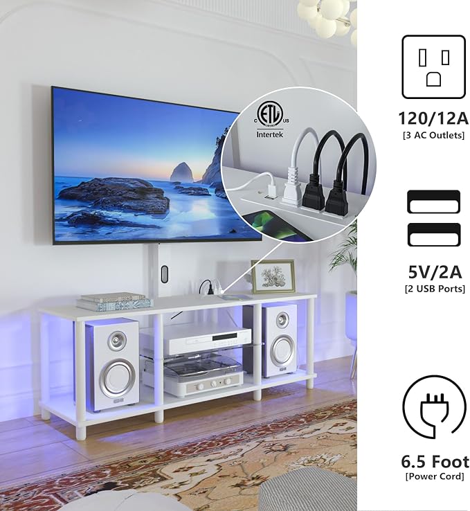 TV Stand with Mount and Led Light，White TV Stand with Power Outlets - Image 4
