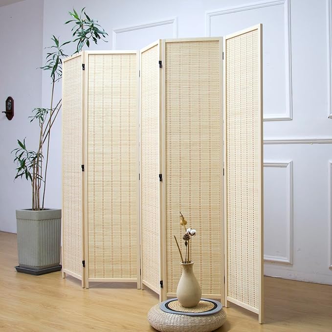 5 Panel Room Divider and Folding Panel Screen, Bamboo Panel Divider Screen - Image 4