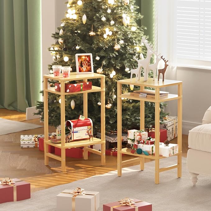 28in Tall Bamboo Side Table Set of 2, 3-Tier Small Narrow End Table - Image 2