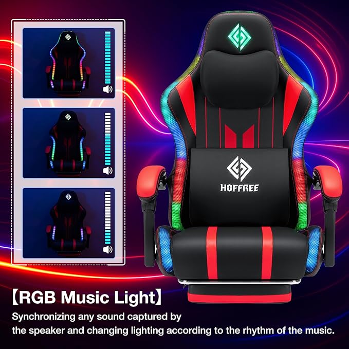 HOFFREE Gaming Chair with Music Rhythm RGB LED Lights and Bluetooth Speakers - Image 3