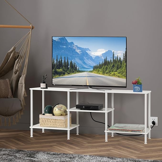BTY White TV Stand with Storage, Wood Entertainment Center with Power Outlet - Image 6