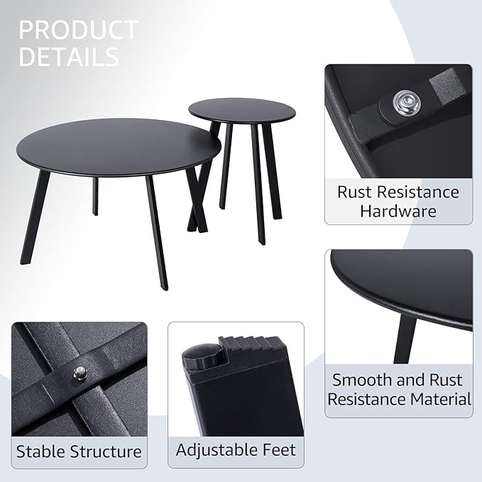 Patio Coffee Table Set of 2, Outdoor Weather Resistant End Table, Round Nesting - Image 5