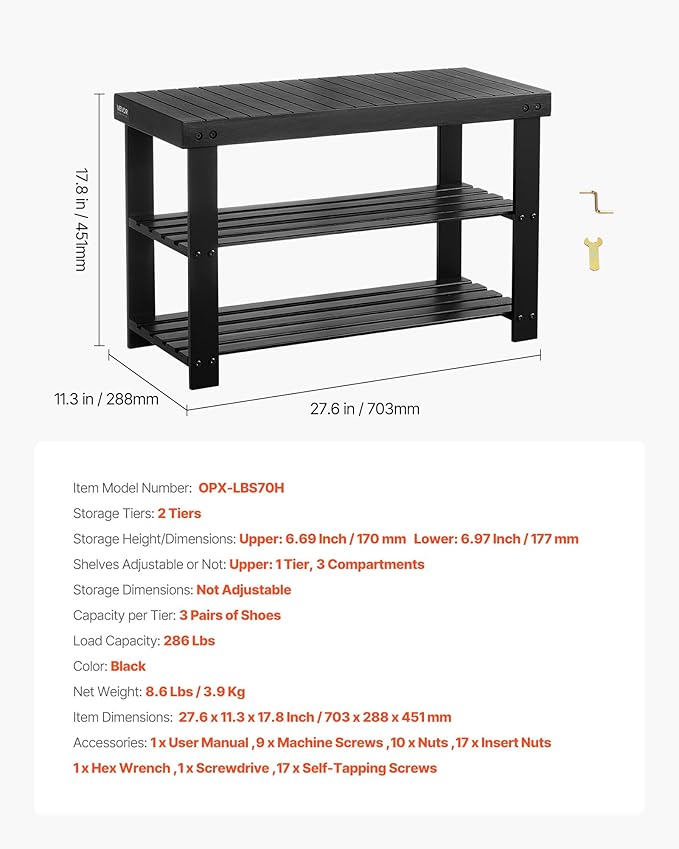 VEVOR Shoe Rack Bench, 3-Tier Bamboo Entryway Bench, Shoe Storage Organizer - Image 3