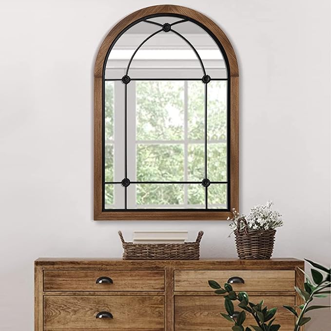 blue page Arched Mirror, Farmhouse Wall Decor Accent, Rustic Wood Framed Mirror by bluepage