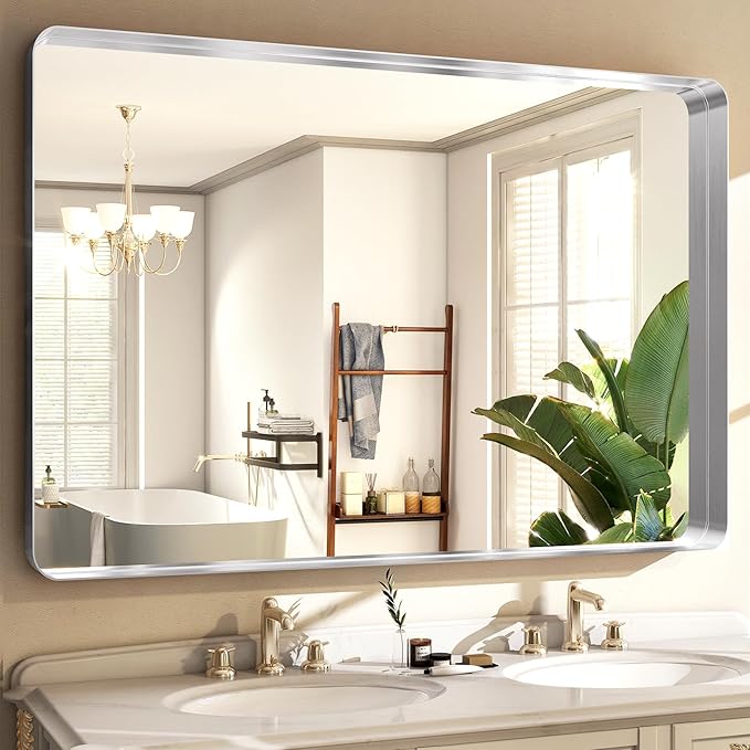 Silver Bathroom Mirror for Wall, 40x30 Inch Rectangular Aluminum Alloy Framed by EASLY