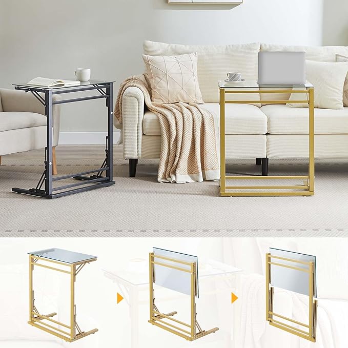 Tatub 24" Folding C Shaped End Table, Small Tempered Glass Side Table - Image 3