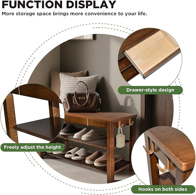 Wood Shoe Bench Entryway with Drawer: 2-Tiers Wooden Storage Shoe Rack with - Image 3