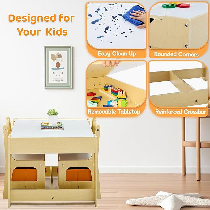 Kids Table and Chairs Set, 4 in 1 Wooden Kids Table - Image 4