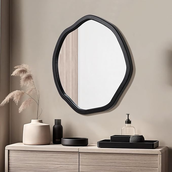 ULIKE Round Wood Mirror, 30 Inch Black Asymmetrical Circle Vanity Mirror - Image 3