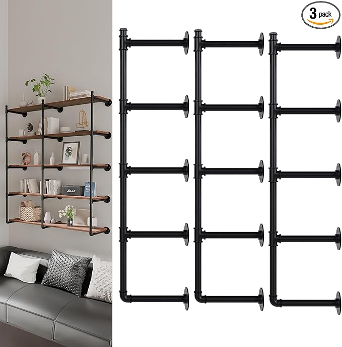 Industrial Pipe Shelf Brackets Wall Mount, Open Black Pipe Shelving by YCCO