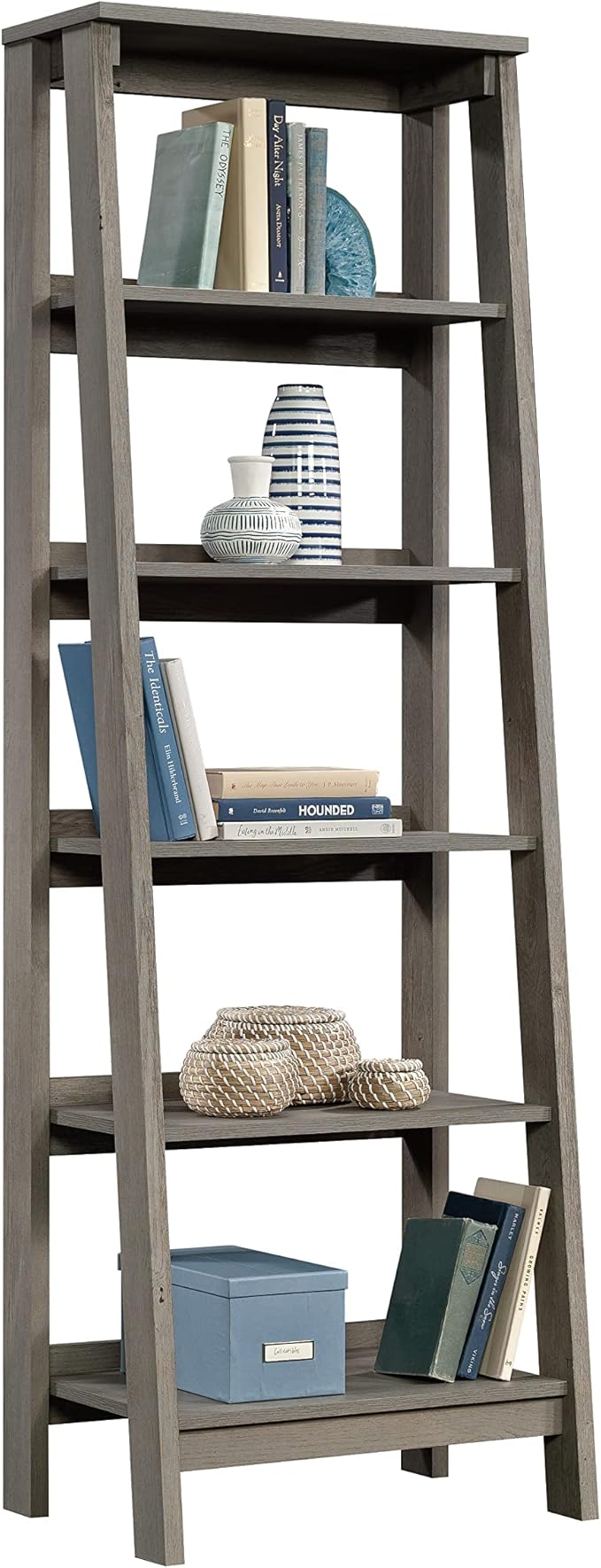 Sauder Ladder Bookshelf 5 Tier Trestle Ladder Shelf Wooden Bookcase, in Mystic - Image 6
