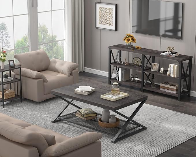 LVB Industrial Grey Coffee Table, 2 Tier Wood Metal Living Room Table, Wooden - Image 8