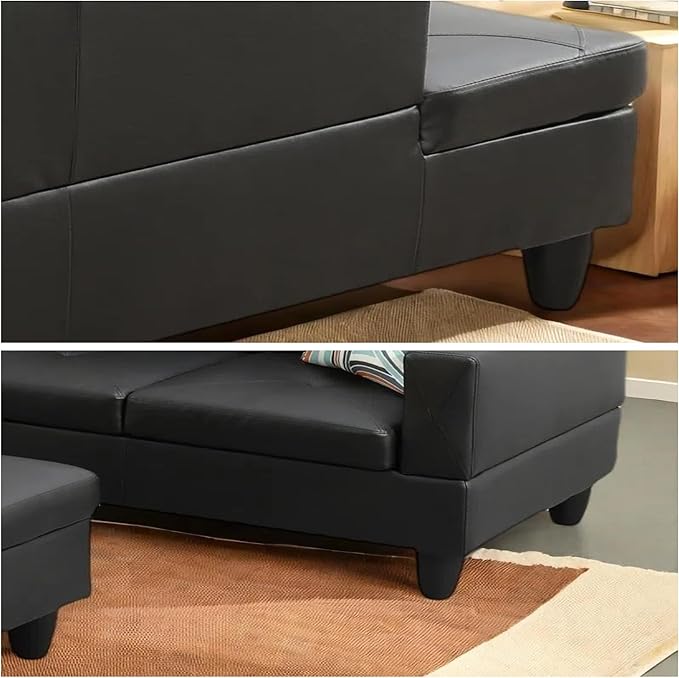 L-Shaped Sectional Sofa with Ottoman, Color Blocking Flannel Leather - Image 6
