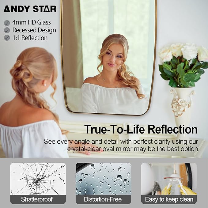 ANDY STAR Brass Bathroom Mirror, 24x32’’ Brushed Gold Metal Frame Oblong Mirror - Image 3