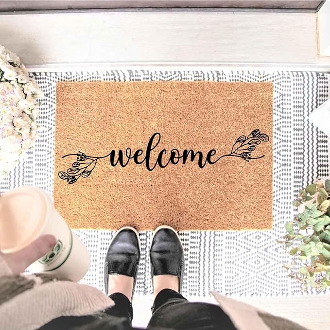 Funny Coir Doormat with Welcome Floral Design Botanical Theme - Image 2