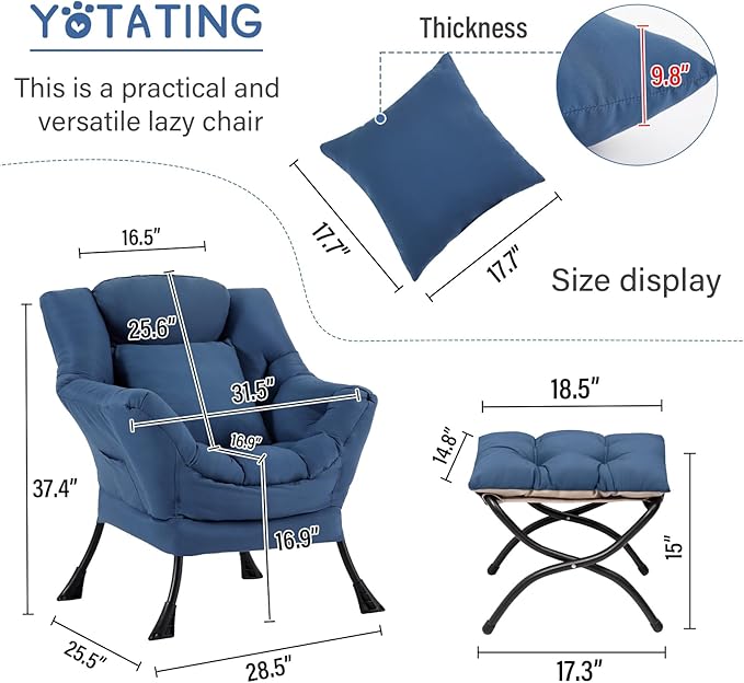 Lazy Chair with Ottoman, Comfy Reading Chair with Footstool & Pillow Modern - Image 3
