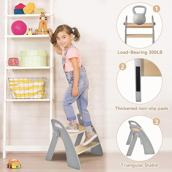 Wooden 2 Step Stool for Kids Bathroom Sink Foldable Anti-Slip 2-Step for Toilet - Image 3