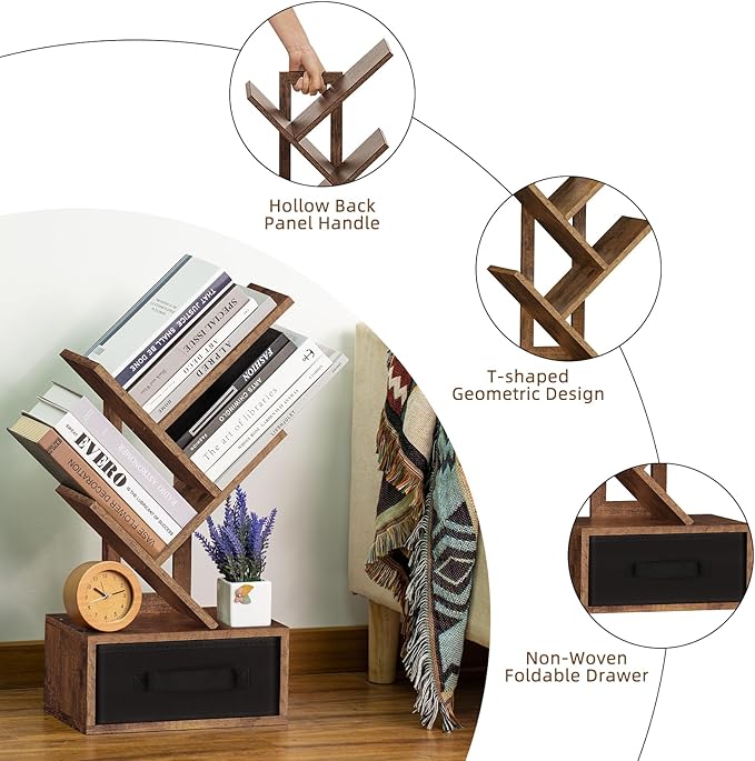Small Bookshelf with Drawer, 4 Tier Tree Book Shelf, Wood Desk Bookshelves - Image 6