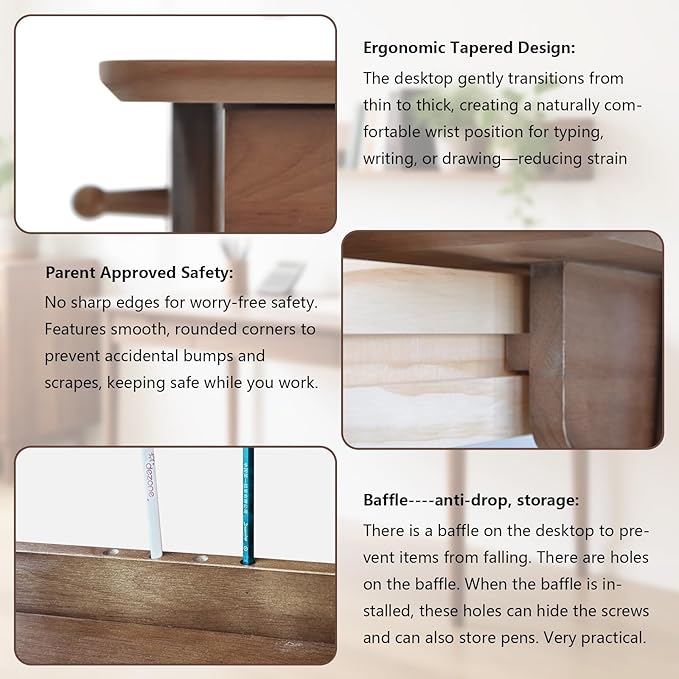 Oak Desk with Drawers, Solid Wood Desk with Bookshelf Small Computer Desk - Image 7