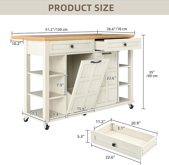 DWVO Kitchen Island with Drop Leaf, Tilt Out Trash Can Cabinet, Mobile Storage - Image 2