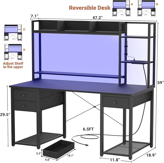 Aheaplus LED Gaming Desk with Hutch, 47.2'' Computer Workstation - Image 2