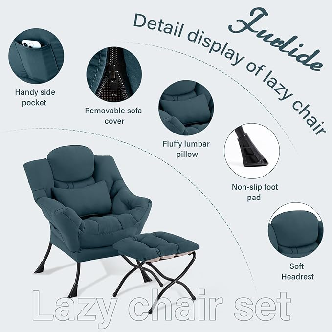 Lazy Chair with Ottoman, Modern Lounge Chair with Lumbar Pillow, Accent Cozy - Image 3