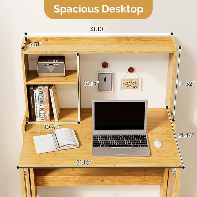 31.1" Bamboo Folding Desk with Bookshelf, Compact Computer Desk - Image 2