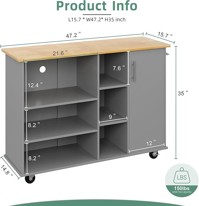 Shintenchi 47”W Kitchen Storage Island Cart - Image 3